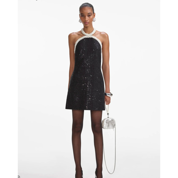 Self-Portrait Dresses & Skirts - Self Portrait Black Boucle Pearl Trim Mini Dress US 6